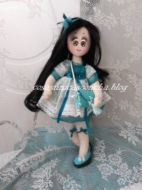Muñeca de trapo Princesa, vestido de plumeti, puntilla, gasa verde agua, medias con lazo y manoletinas